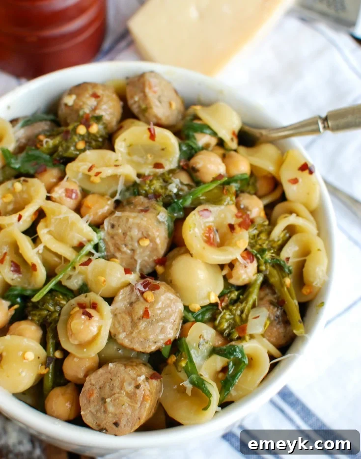 Overhead view of a prepared One Pot Orecchiette with Sausage and Broccoli