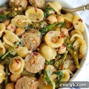 One Pot Orecchiette with Sausage and Broccoli, overhead shot in a serving bowl