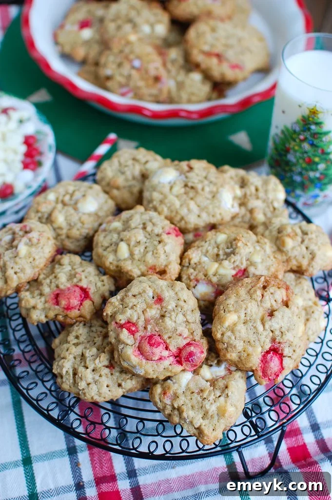 Wintermint White Chocolate Oat Cookies 4 A plate of fresh, vibrant Oatmeal White Chocolate Peppermint Cookies with red and white pieces