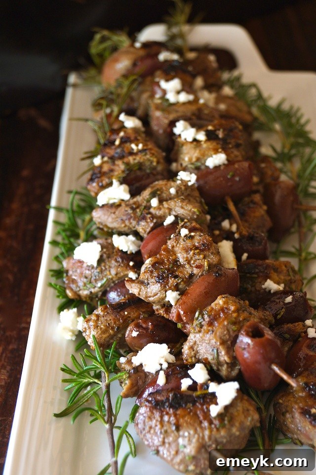 14 Irresistible Mediterranean Grilling Recipes 10 Mouthwatering Grilled Rosemary Lamb Kalamata Kebabs on skewers