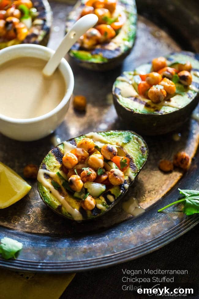 14 Irresistible Mediterranean Grilling Recipes 13 Healthy Vegan Grilled Avocado Stuffed with Chickpeas and Tahini dressing