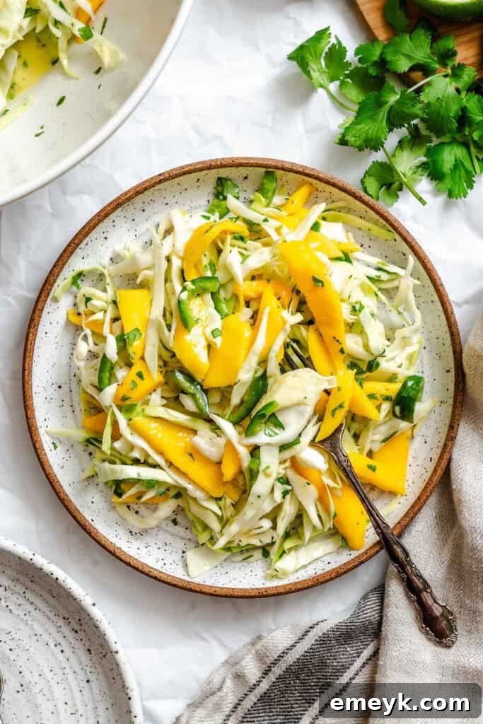 A plate of Easy Mango Cabbage Coleslaw, highlighting its fresh ingredients and vibrant colors, ready to be served as a healthy summer side.