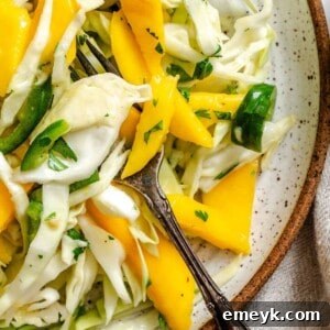 A perfect square image of Easy Mango Cabbage Coleslaw, brightly lit and enticing.