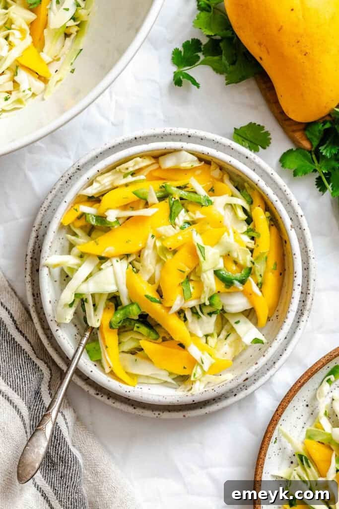 A bowl of Easy Mango Cabbage Coleslaw with a fork, emphasizing its fresh ingredients and inviting texture, encouraging customization.