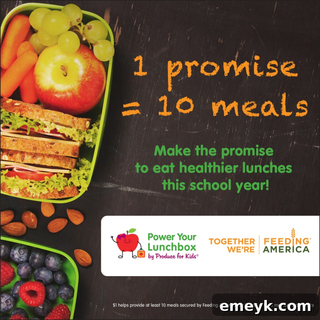 Island Escape Chicken Salad 4 Produce for Kids Power Your Lunchbox Promise graphic, promoting healthy eating for children during the school year and supporting Feeding America.