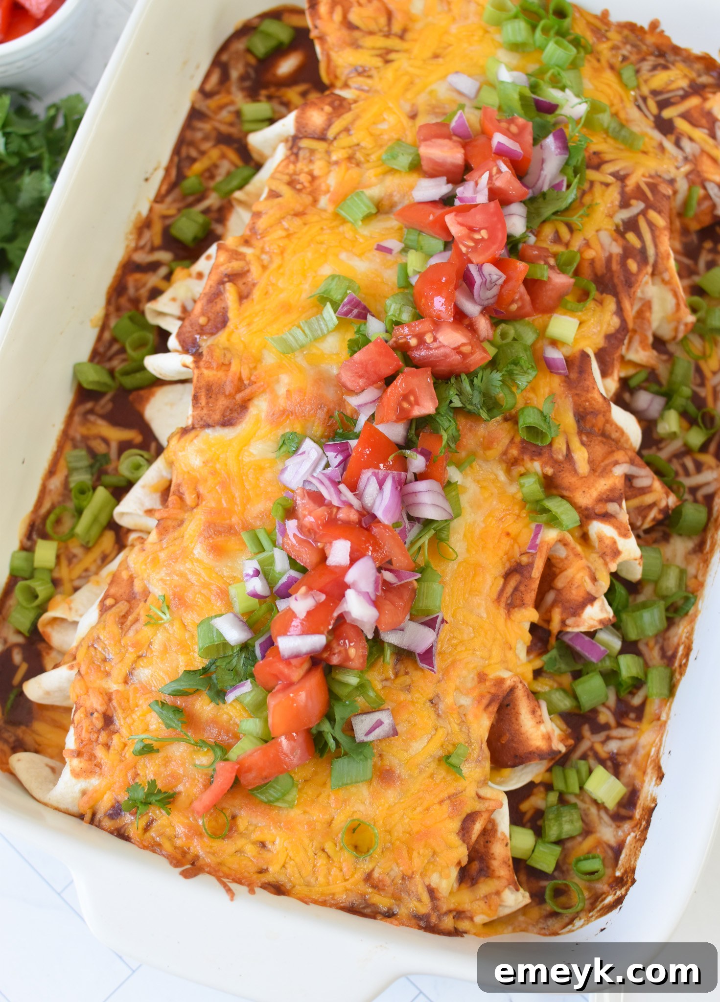 Homestyle Beef Enchiladas 4 A close-up shot of baked Beef Enchiladas garnished with fresh cilantro and diced tomatoes, ready to be served on a plate.