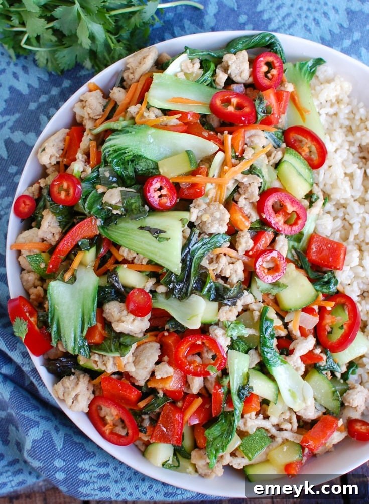 Spicy Thai Basil Chicken Stir-Fry on a white plate, garnished with fresh herbs