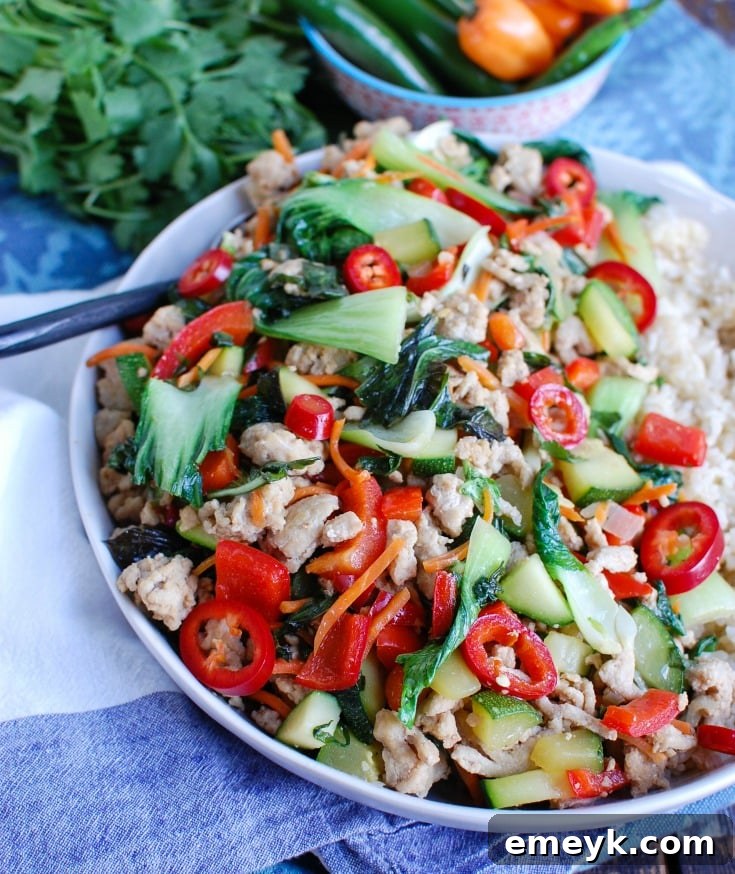 Spicy Thai Basil Chicken Stir-Fry served with a spoon, ready to eat