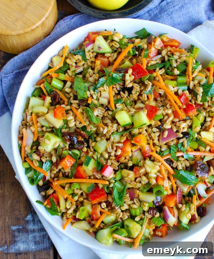 Refreshing Summer Farro Bowl 2 Vibrant Easy Summer Farro Salad in a serving bowl, perfect for picnics