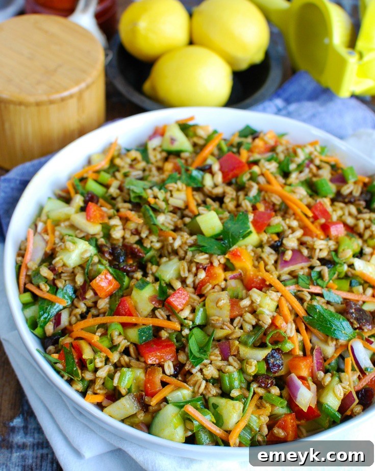 Refreshing Summer Farro Bowl 3 Close-up of fresh vegetables and cooked farro, key ingredients for the summer salad