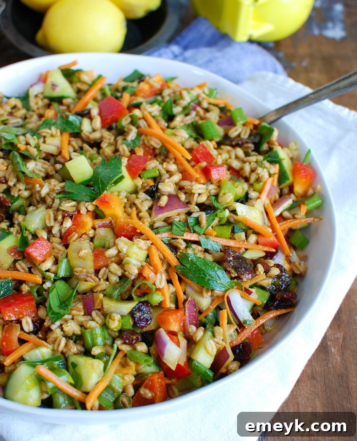 Refreshing Summer Farro Bowl 4 Easy Summer Farro Salad served in a white bowl, ready to eat