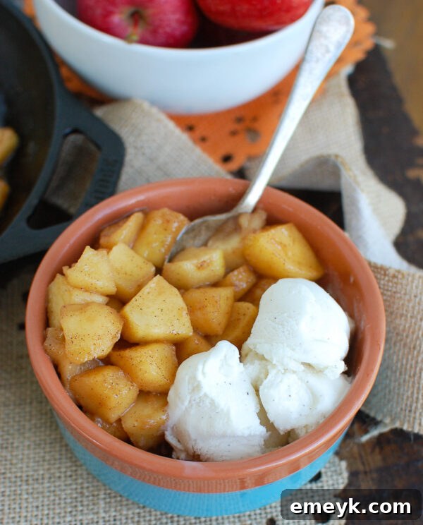 Easy Skillet Apples with Ice Cream - served with vanilla ice cream, perfect dessert
