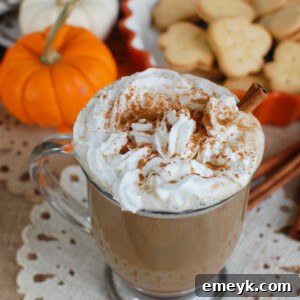 A freshly made Pumpkin Spice Latte in a glass mug, showing its creamy texture, ready to be enjoyed.