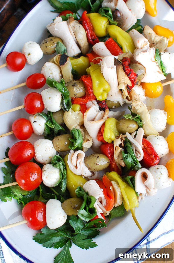 Sunny Mediterranean Skewers 7 An overhead shot of an array of colorful Mediterranean Antipasto Skewers arranged artfully on a serving platter