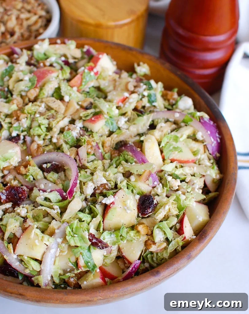 Shaved Brussels Sprout and Apple Salad with Creamy Goat Cheese 5 Brussels Sprout Apple Goat Cheese Salad in a wooden bowl with tongs, showcasing the delicious blend of ingredients