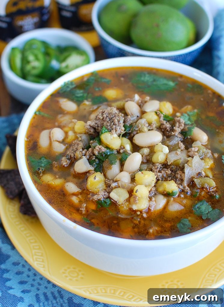 Zesty Instant Pot Pork Verde 2 A bowl of Instant Pot Pork Chili Verde, garnished with fresh cilantro and a dollop of sour cream.