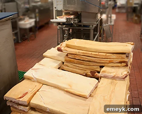 Sliced bacon being moved on a conveyor belt, ready for packaging