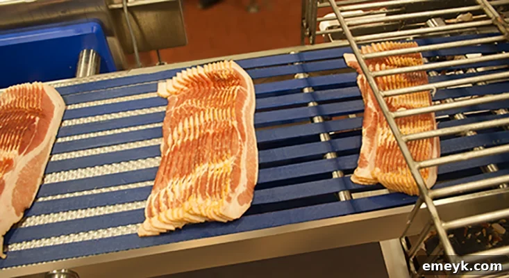 Pallets of packaged bacon ready for shipment in a warehouse