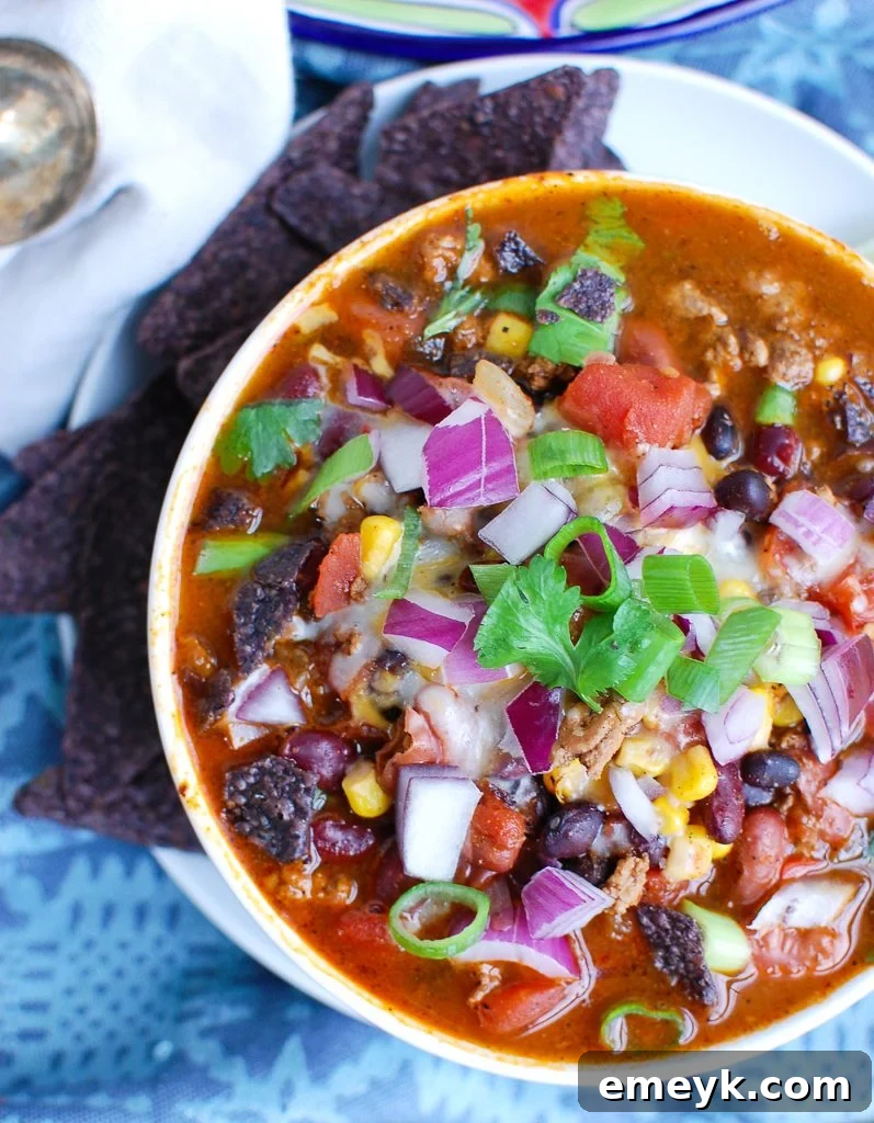 Overhead view of Instant Pot Turkey Chili, showcasing its rich texture and colorful ingredients.