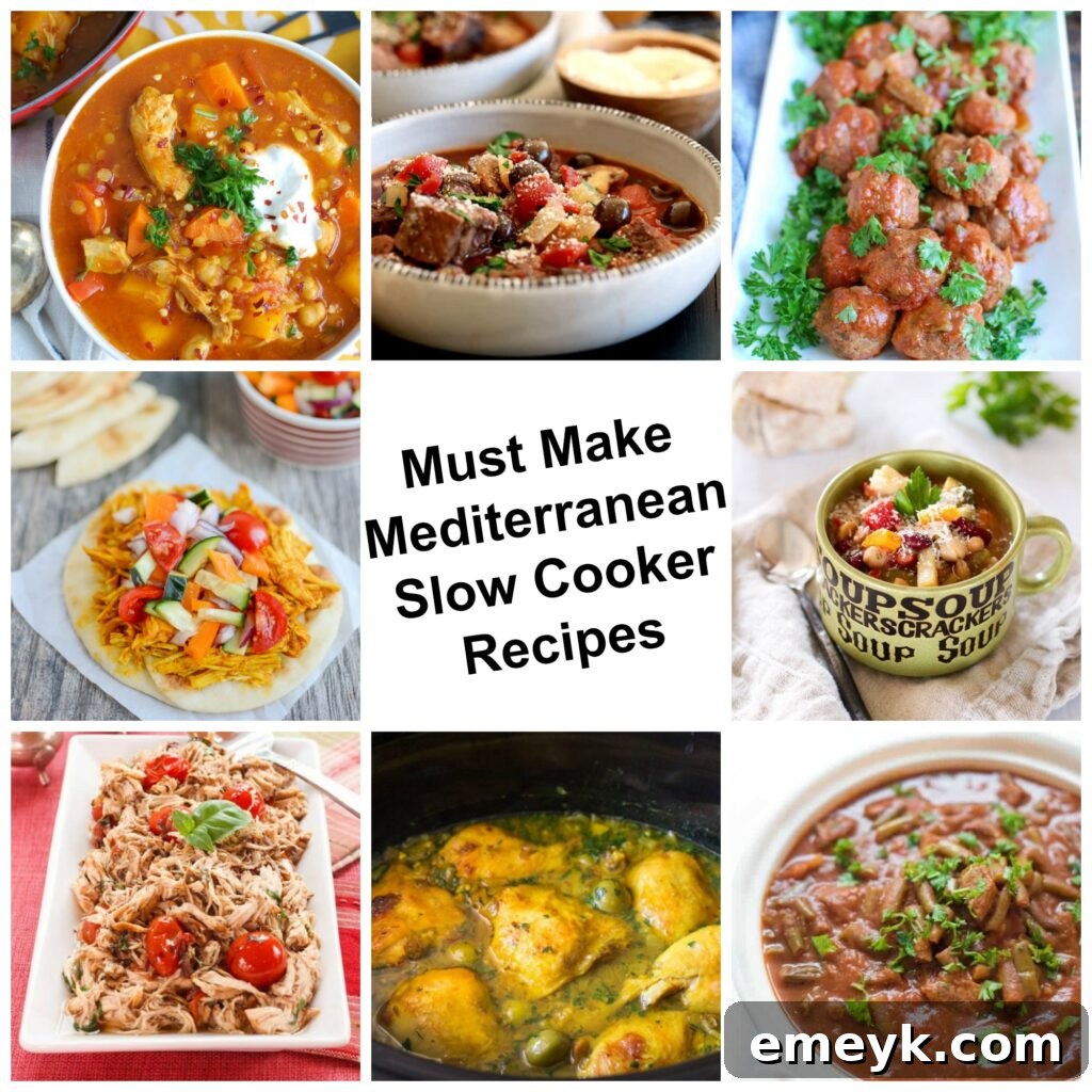 A vibrant collection of Mediterranean slow cooker dishes, showcasing various ingredients and finished meals like stews, chicken, and meatballs.