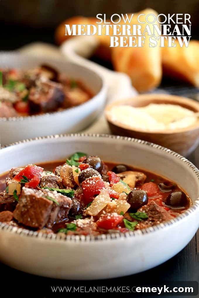A robust Slow Cooker Mediterranean Beef Stew, featuring tender beef chunks, vibrant vegetables, and savory herbs.
