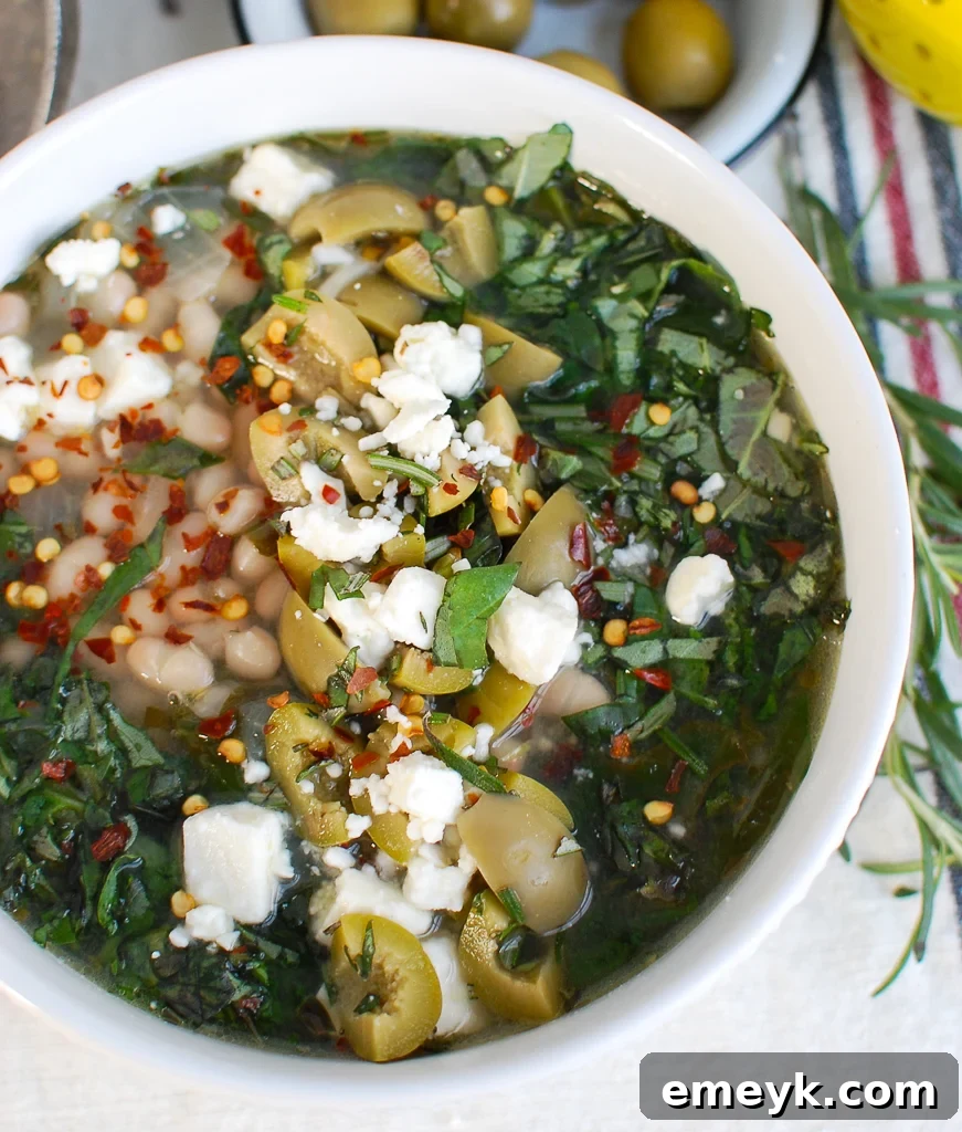 Mediterranean White Bean Soup with feta cheese and red pepper flakes