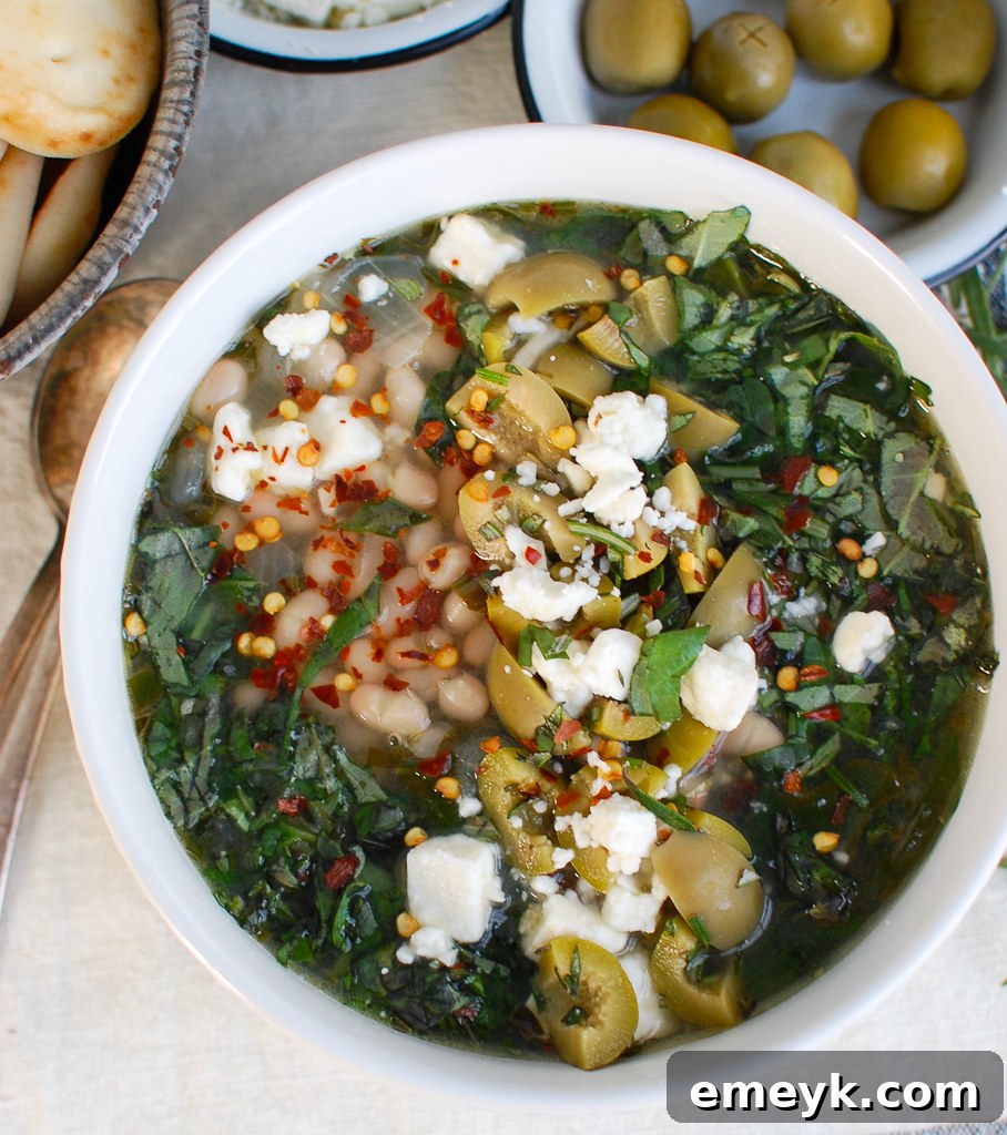 Bowl of Mediterranean White Bean Soup ready to eat
