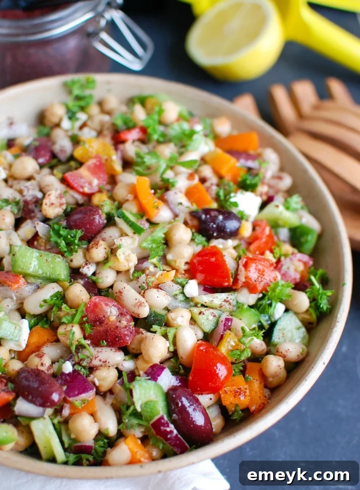 Plant-Powered Plates: 20 Recipes for Peak Energy and Vitality 17 Mediterranean Bean Salad with chickpeas, white beans, colorful vegetables, and feta cheese.