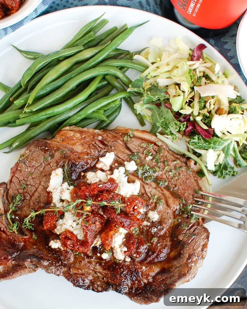 Pan-Seared Ribeye with Goat Cheese and Sun-dried Tomatoes with Green Beans