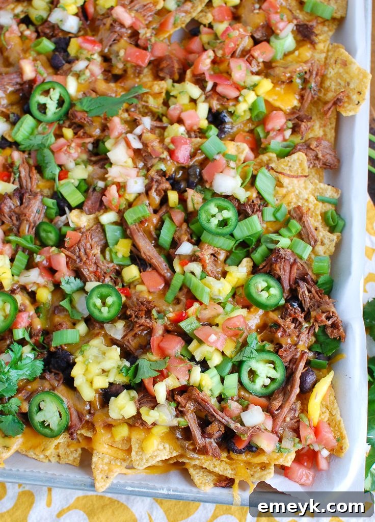 A generous serving of Beef Nachos with various fresh toppings like cilantro and jalapeños