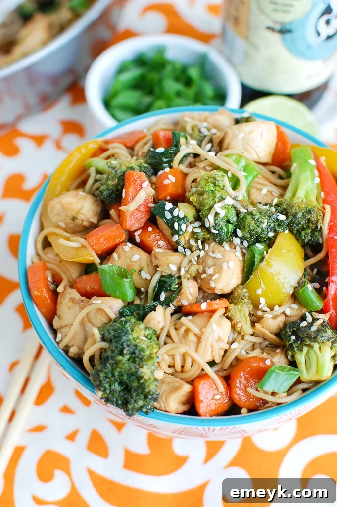 Easy Chicken Ramen Noodle Stir Fry in a bowl, ready to be served