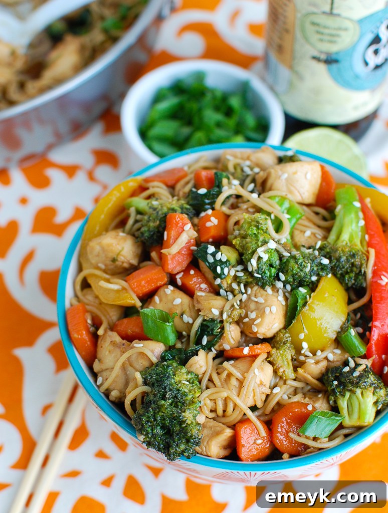 Easy Chicken Ramen Noodle Stir Fry served in an attractive bowl