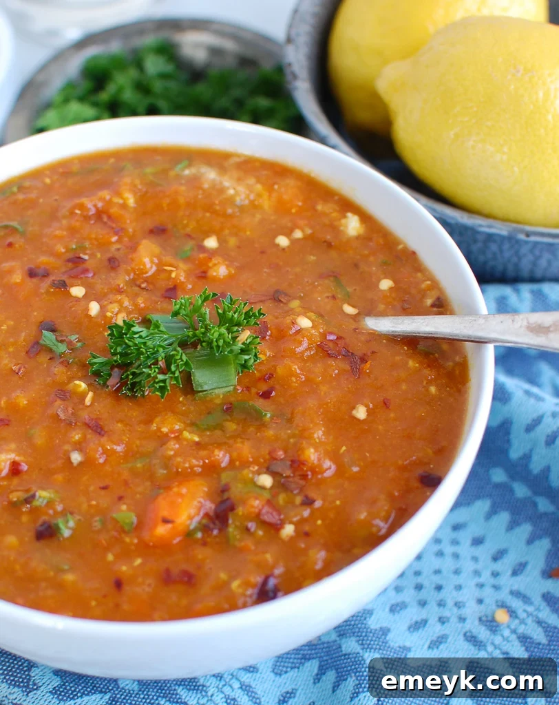 A close-up shot of slow cooker lentil soup in a bowl with a spoon, showing its vibrant color and fresh ingredients.