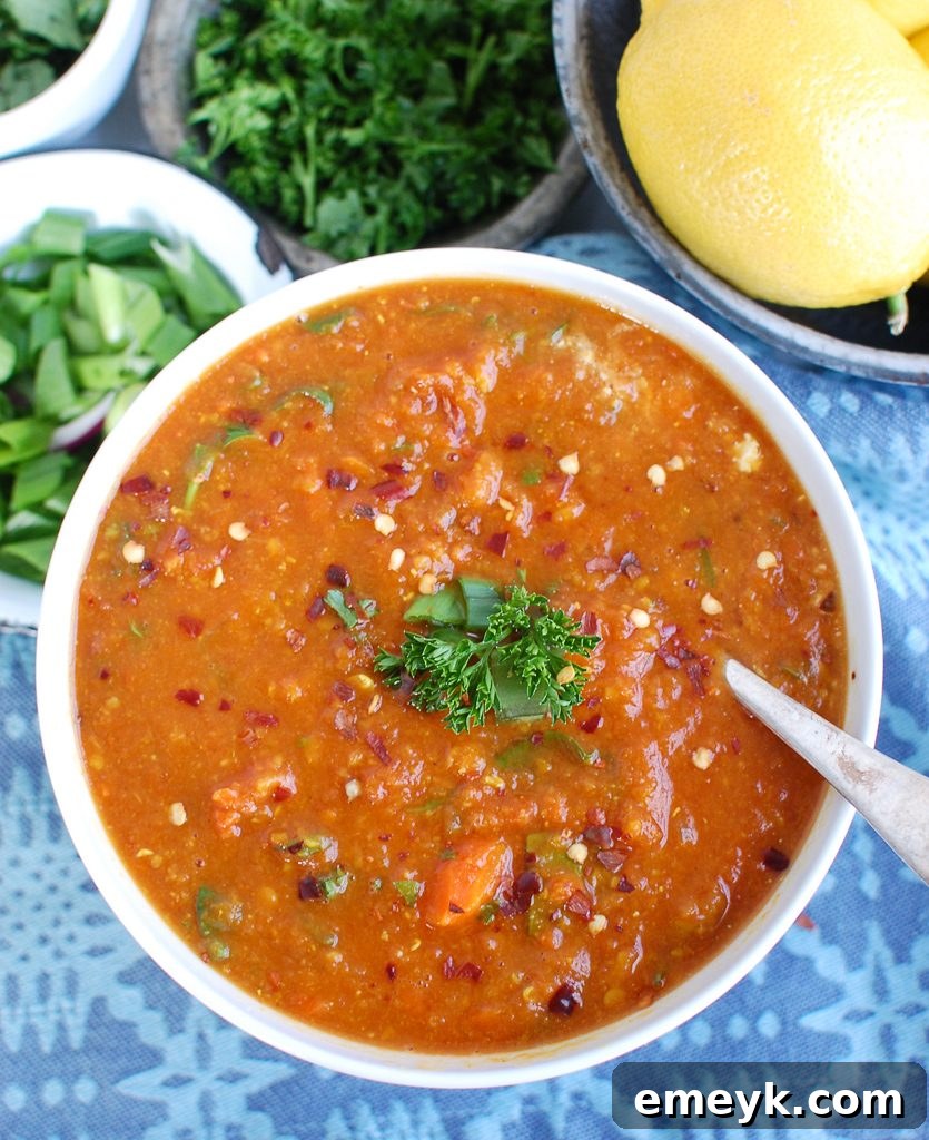 Overhead view of Slow Cooker Lentil Soup in a white bowl, ready to be served.
