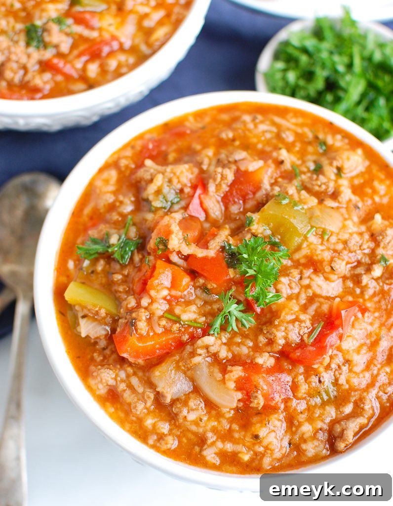 Instant Pot Stuffed Pepper Soup in a bowl from above