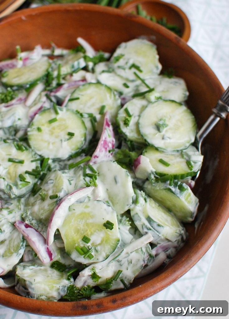 Creamy Cucumber Salad in a Brown Bowl