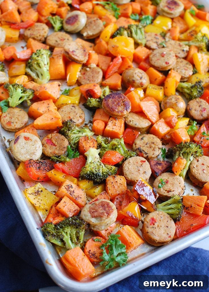 One-Pan Roasted Chicken Sausage and Vegetables 2 Sheet Pan Chicken Sausage and Vegetables on baking sheet, ready to serve or for meal prep.