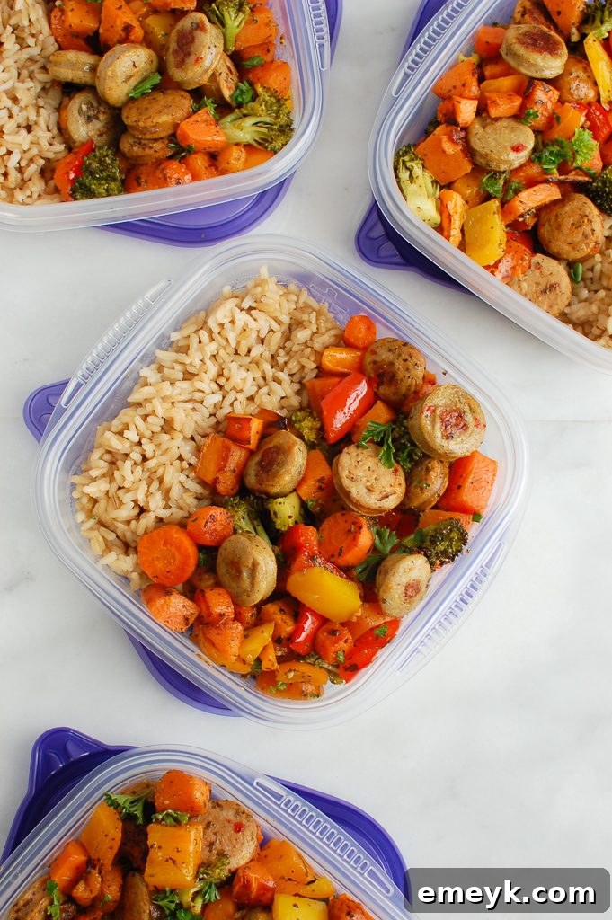 One-Pan Roasted Chicken Sausage and Vegetables 8 Portioned Sheet Pan Chicken Sausage and Vegetables in individual meal prep containers.