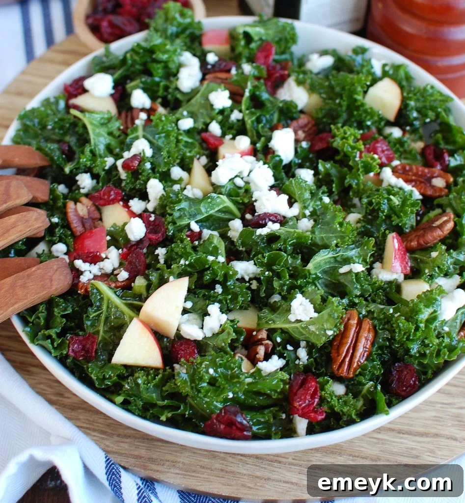 Elegantly plated Kale Salad with Cranberries on a rustic wooden plate, ready to be enjoyed
