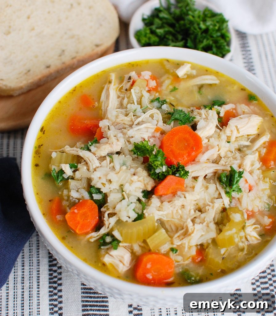 Slow Cooker Chicken and Rice Soup with bread