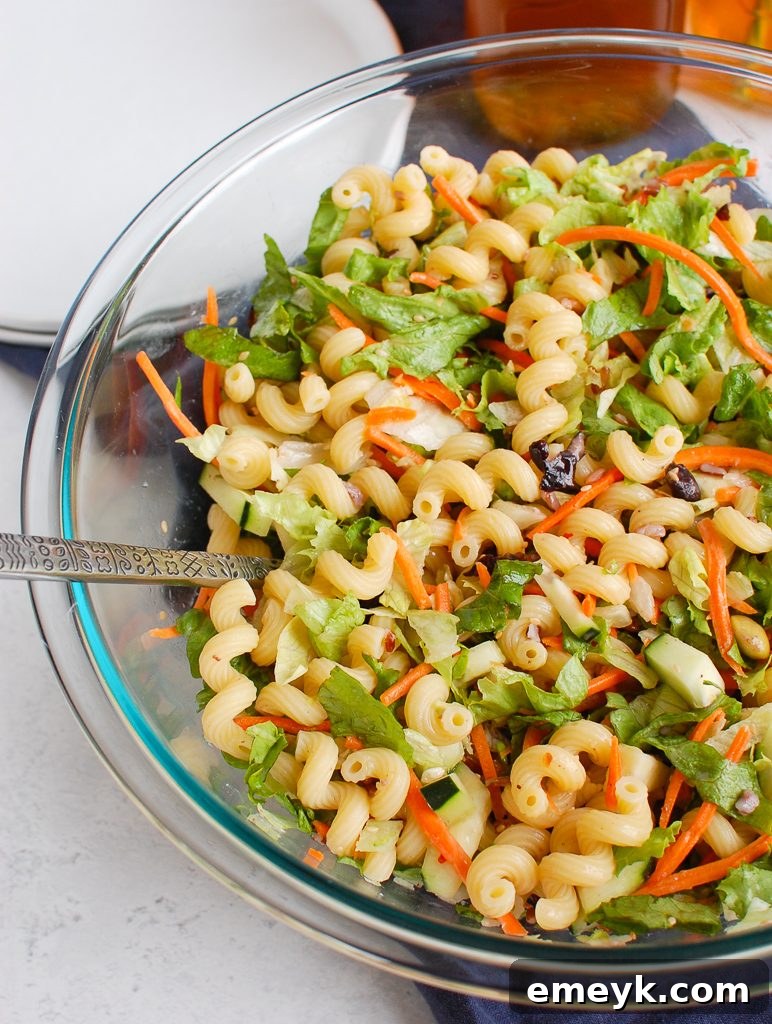 Asian Pasta Salad in clear bowl 