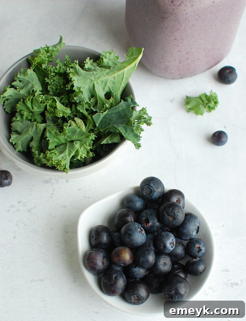 Fresh ingredients laid out for a Blueberry Kale Smoothie, including blueberries, banana, kale, Greek yogurt, and milk.