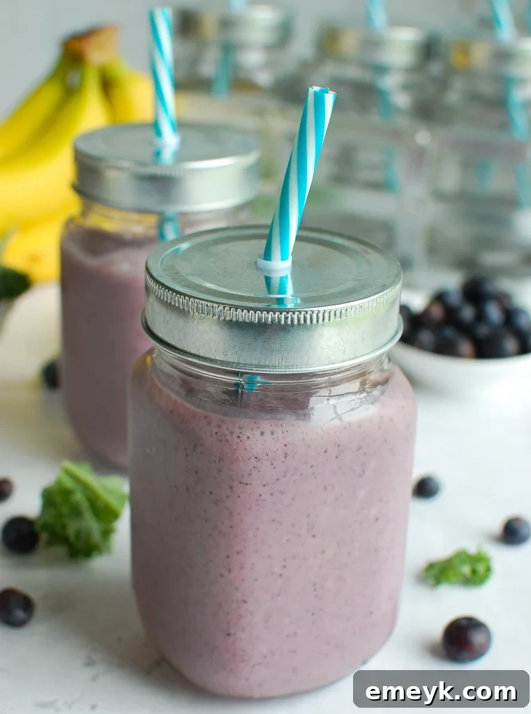 Two glasses of Blueberry Kale Smoothie, garnished with fresh blueberries and mint, showcasing the vibrant color and appealing texture.