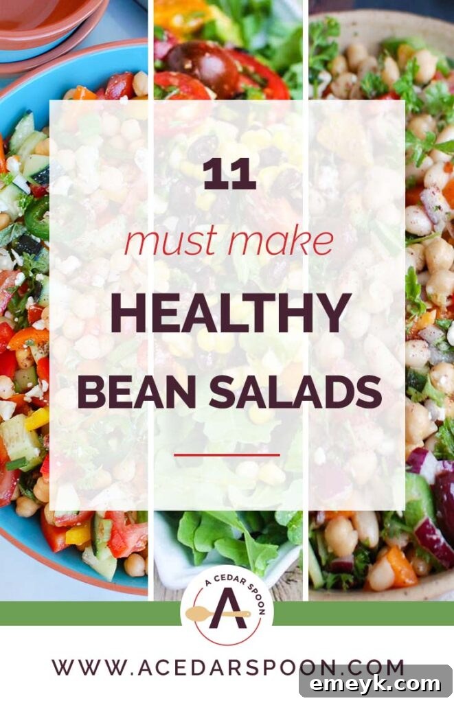 A vibrant assortment of 11 healthy bean salads with various fresh vegetables, showcasing colorful and nutritious meal options.