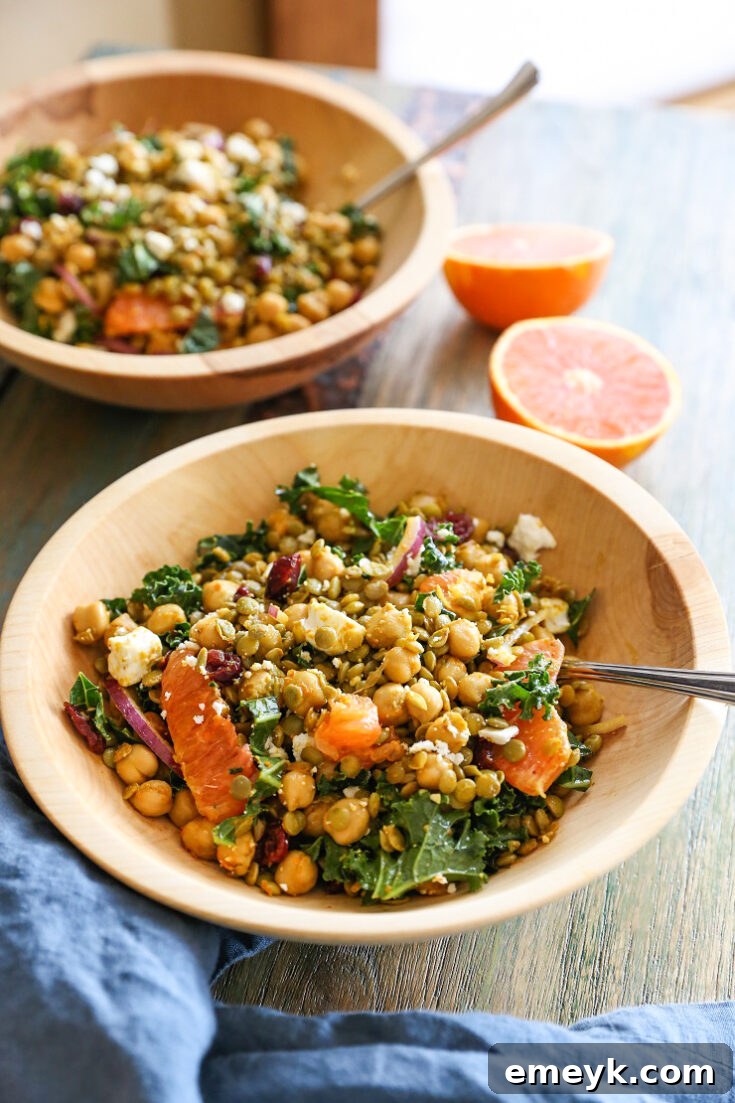 Nutrient-packed Curried Lentil, Chickpea, and Kale Salad with a refreshing citrus dressing