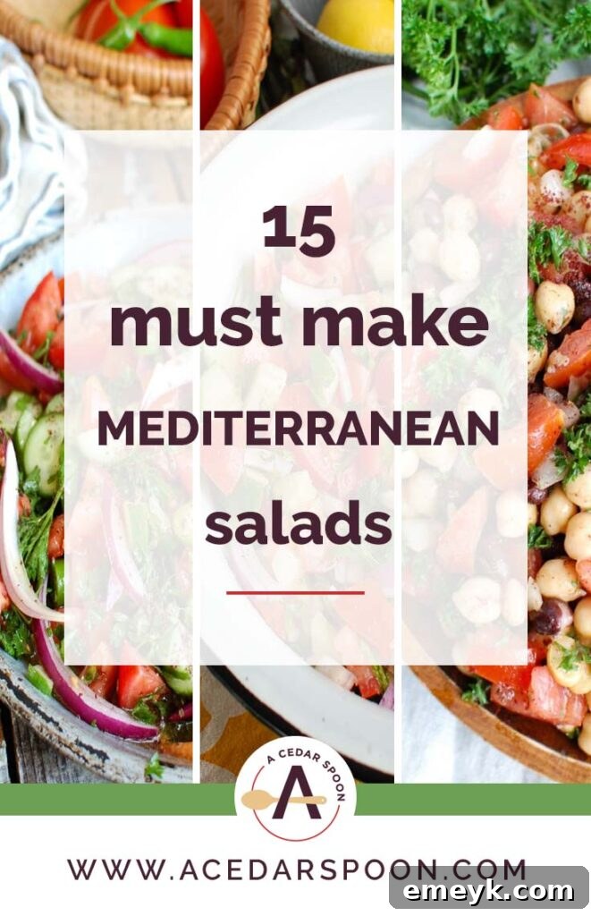 A vibrant collage of three different Mediterranean salads showcasing fresh vegetables, chickpeas, and herbs, illustrating the variety of healthy and flavorful dishes.