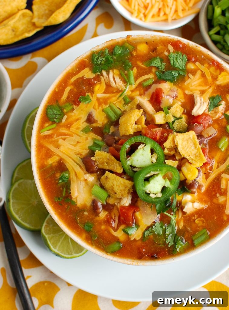Fiesta Chicken Enchilada Bowl 3 Close-up of Chicken Enchilada Soup garnished with sliced jalapeños and cilantro in a white bowl.