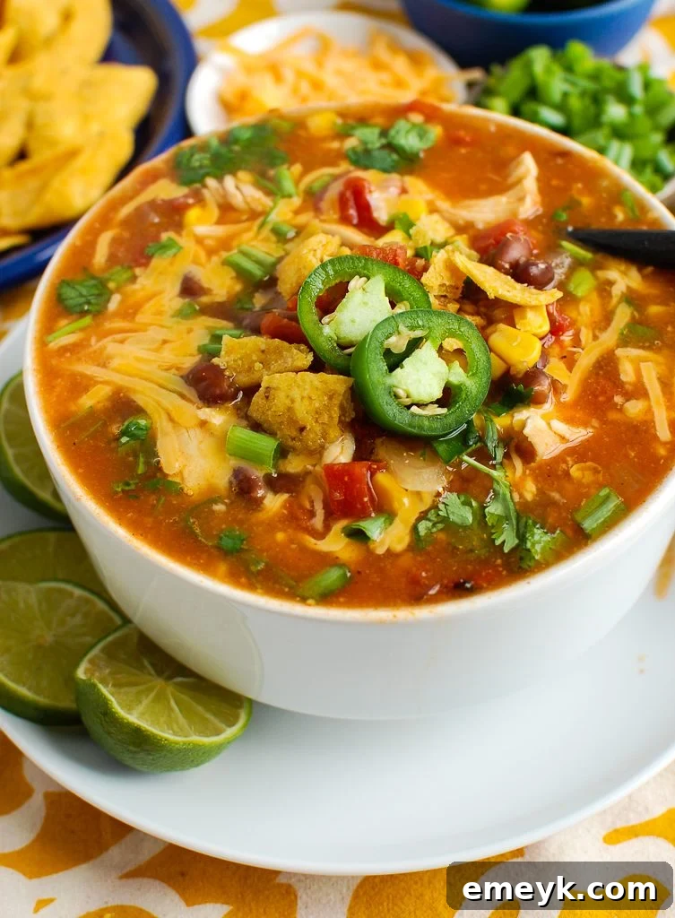 Fiesta Chicken Enchilada Bowl 4 A serving spoon lifting a spoonful of Chicken Enchilada Soup, showcasing the shredded chicken, beans, and corn.