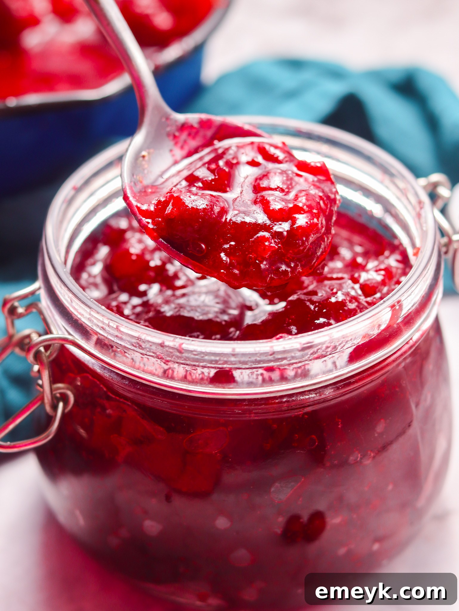 Homemade Cranberry Sauce with a spoon in a serving dish, ready for the holiday table.