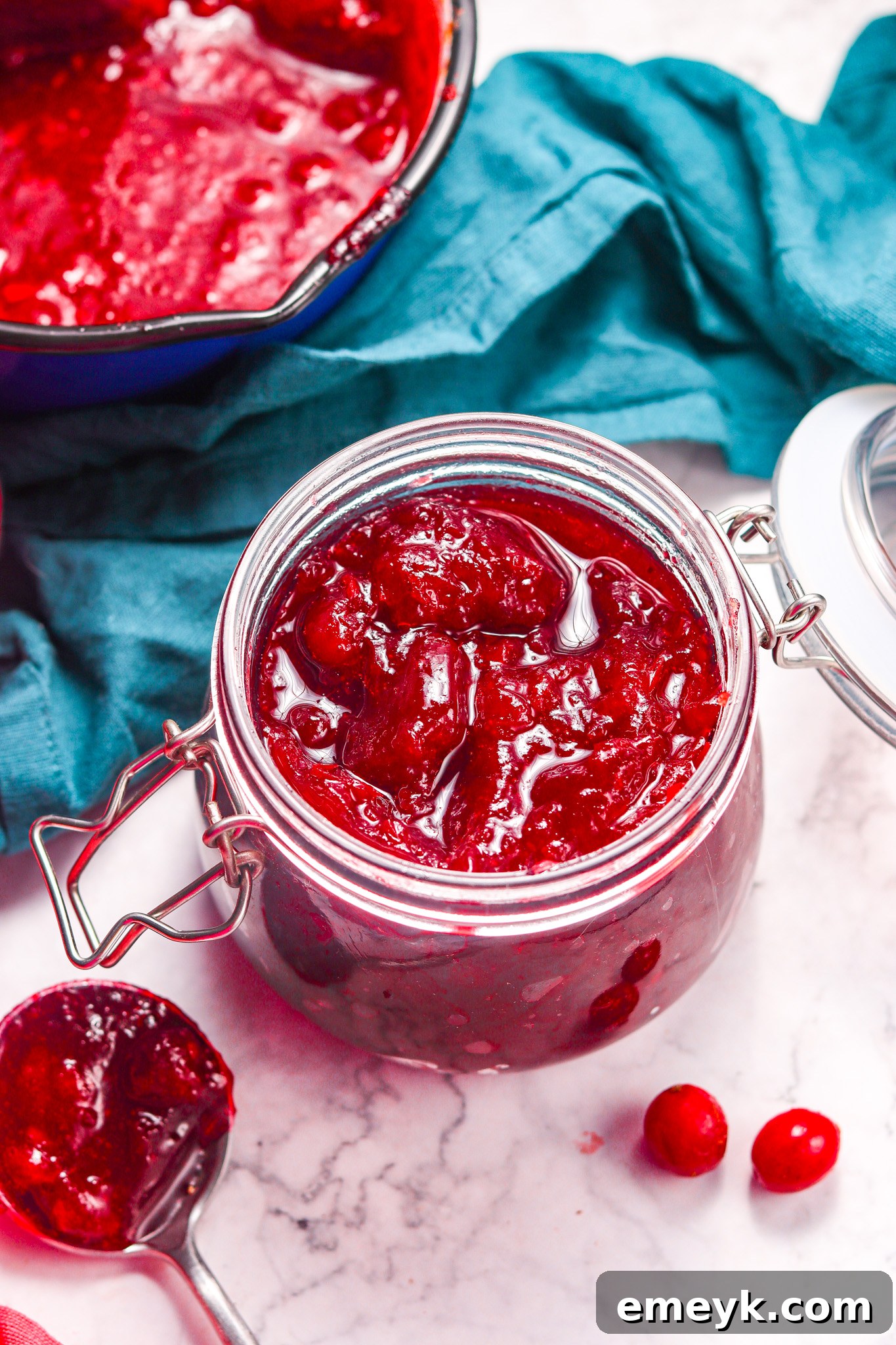 Homemade Cranberry Sauce in a bowl, served with a decorative blue napkin, ready to be enjoyed.